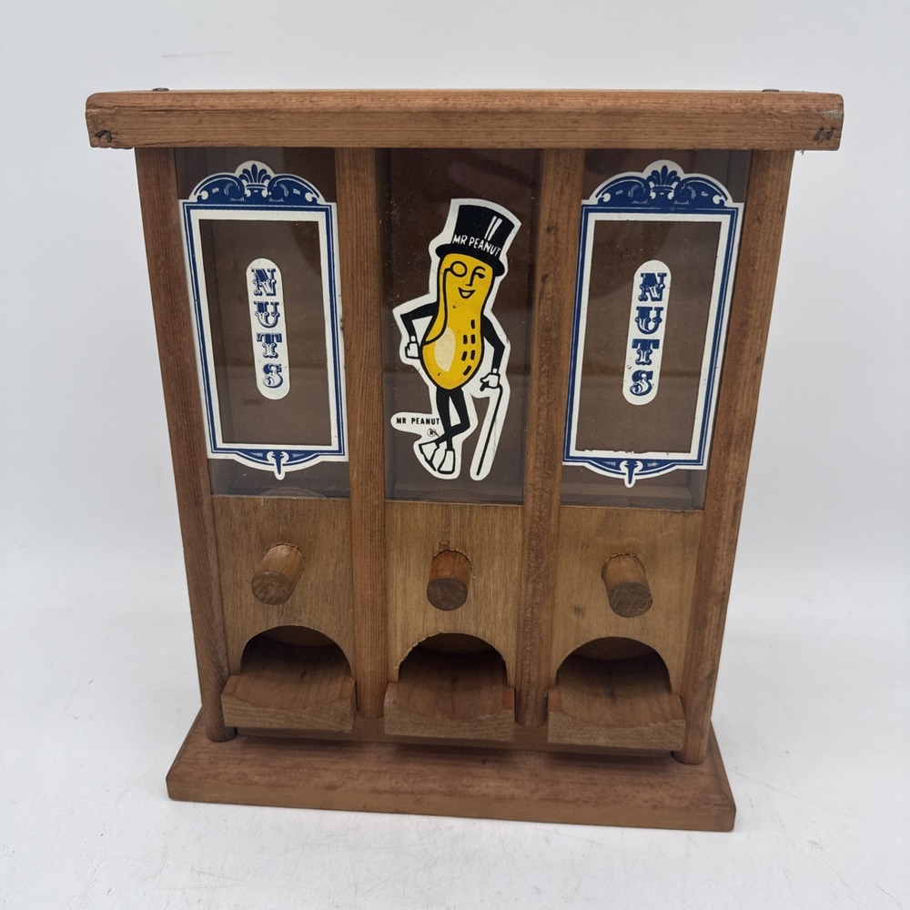 Vintage Planters Mr. Peanut 3 Compartment Wooden Countertop Nut Dispenser 13x11